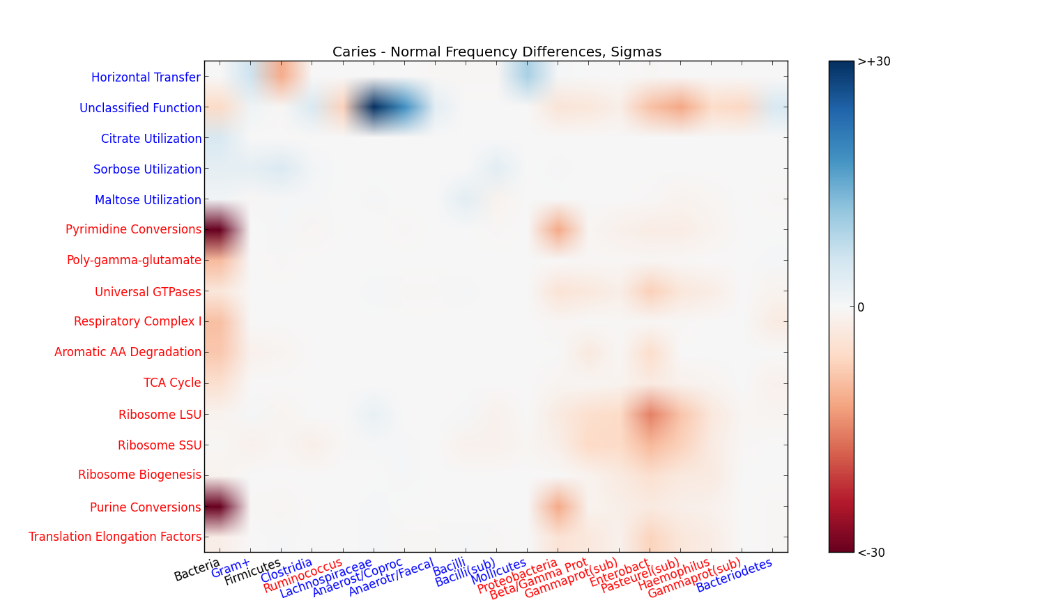 Plot showing significant differences between groups; horizontal axis is phylogeny, vertical axis is function.  Red indicates significant decreases, blue indicates increases.